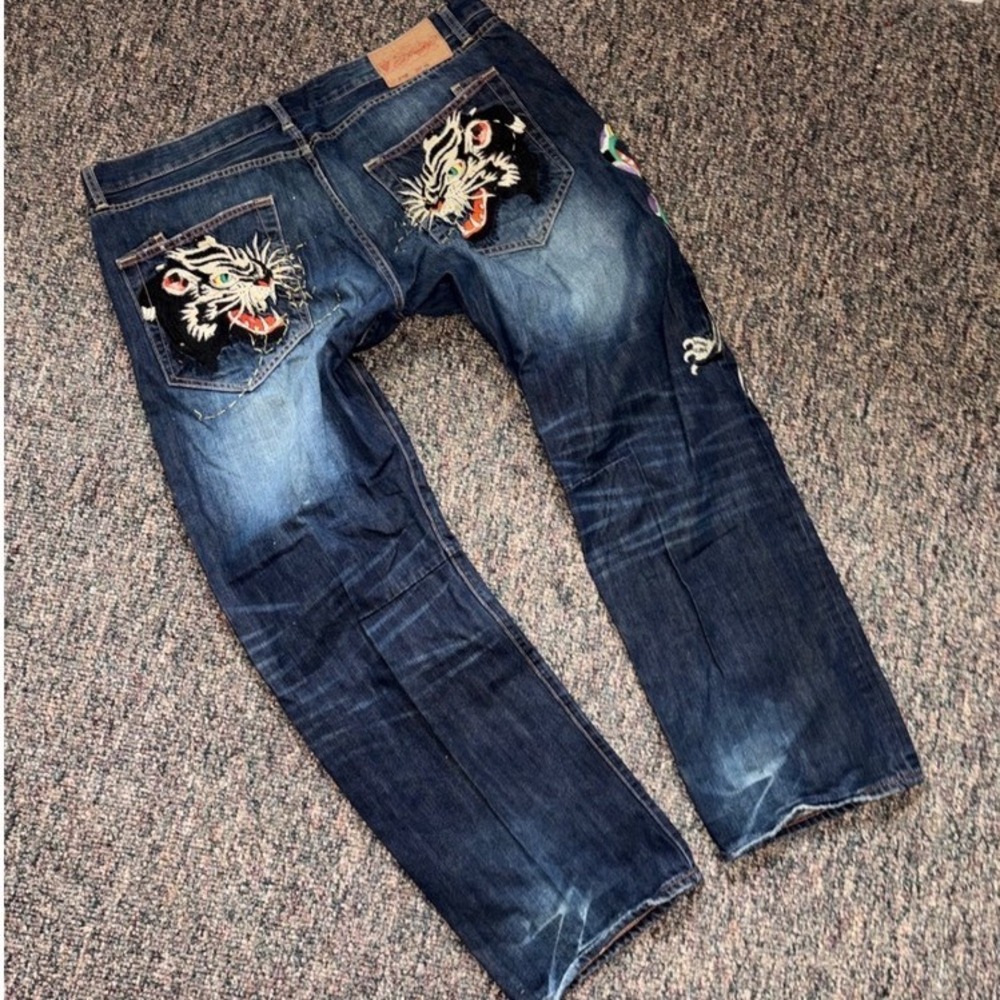 Ed Hardy Mens 44x32 Embroidered Tiger Panther Snake Dark Wash Y2K Jeans Lot 2008